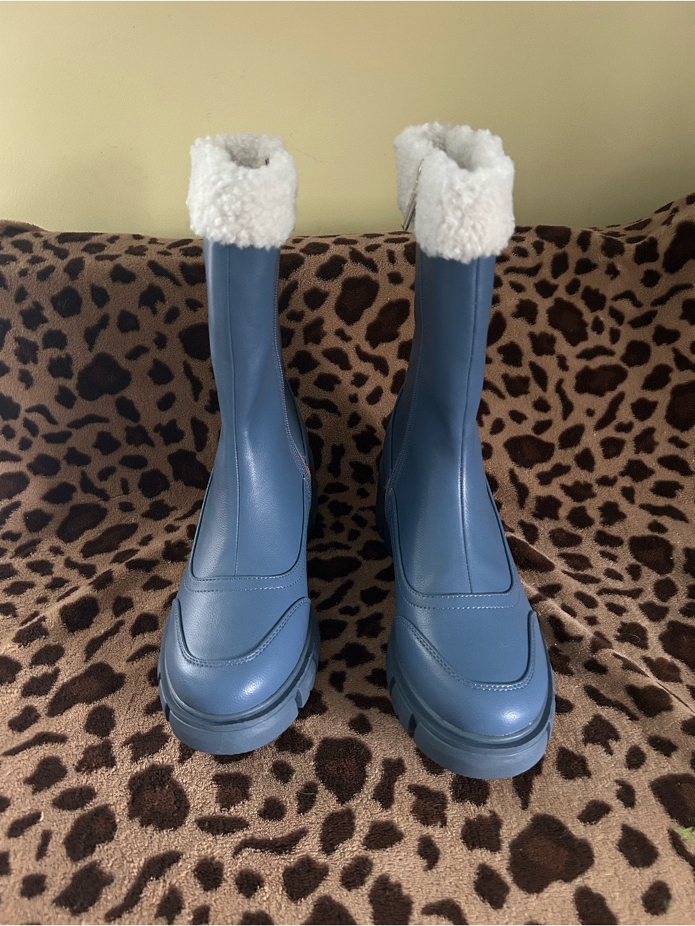 Blue Chunky Boots with White Faux Fur Cuffs size 8